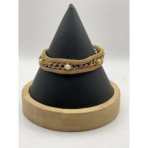 Vintage Gold-Tone Chain Link Bracelet With Faux Pearl Accents & Mesh Detailing